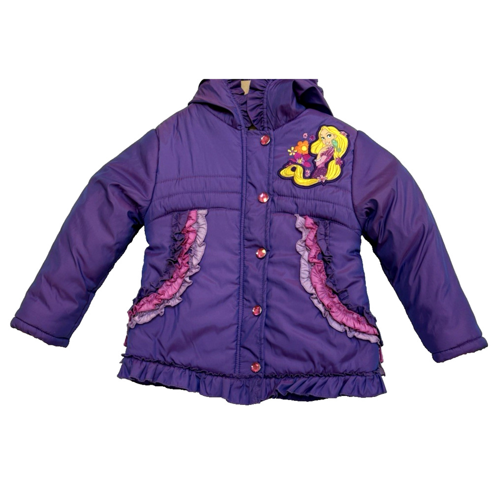 Disney Princess Rapunzel Girls Puffer Coat Size 2 3 Ruffles Jeweled Hood Jacket
